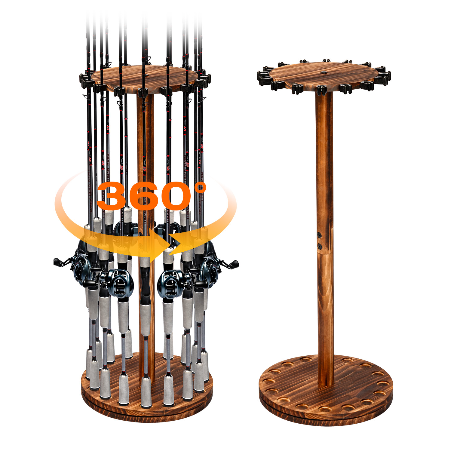 Fishing Rod Rack - Runder Angelrutenhalter aus Karbonisiertem Holz, Drehbarer
